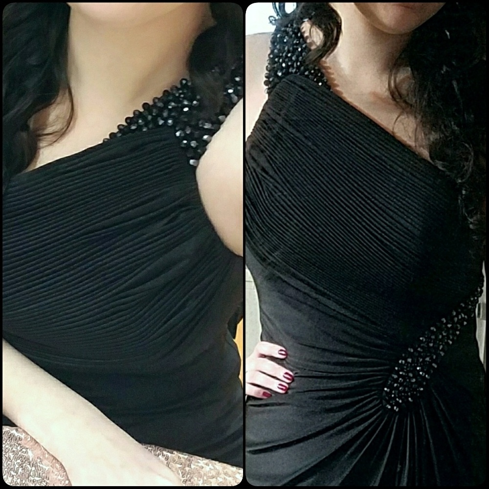 Black satin long gown dress with grey sequined